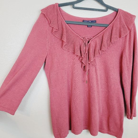 American Living | Size Medium Coral Linen Cotton Blend Ruffle Hem V Neck Blouse - Picture 3 of 6